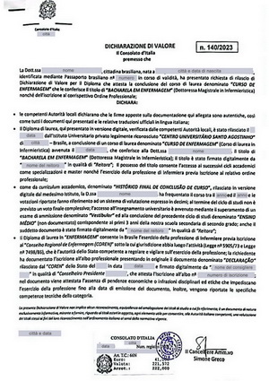 Modelo de declaração de valor para reconhecimento profissional na Itália